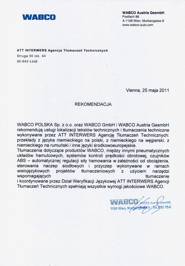 Rekomendacja WABCO Austria o tłumaczeniach Biura Tłumaczeń ATT dla branży motoryzacyjnej