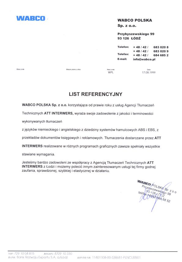 List referencyjny od Wabco Polska za tłumaczenia angielsko-polskie dotyczące systemów hamulcowych ABS i EBS